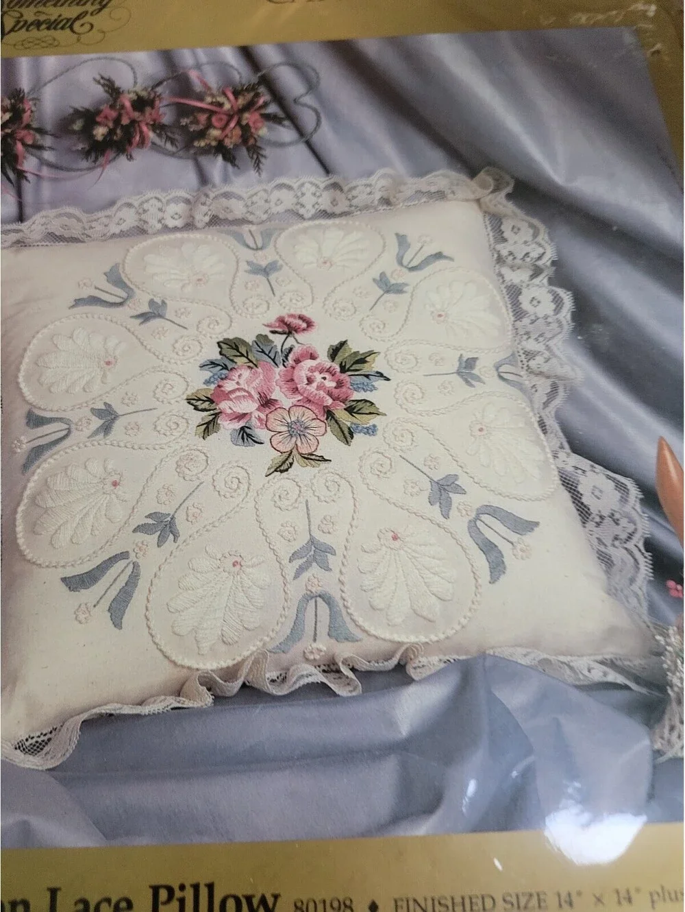 Something Special Candlewicking Roses on Lace Pillow Kit